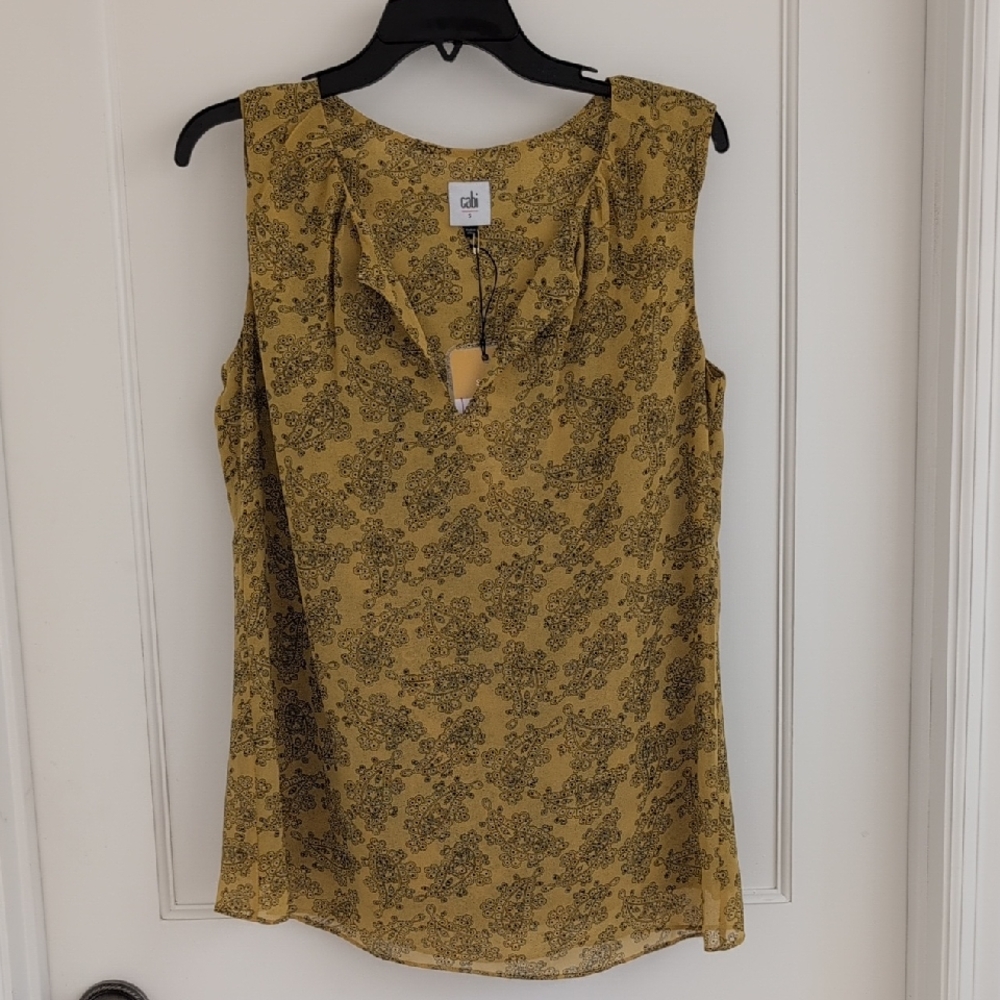 CAbi Paisley Blouse Sleeveless Top #3617 Small Mustard Yellow Keyhole Print